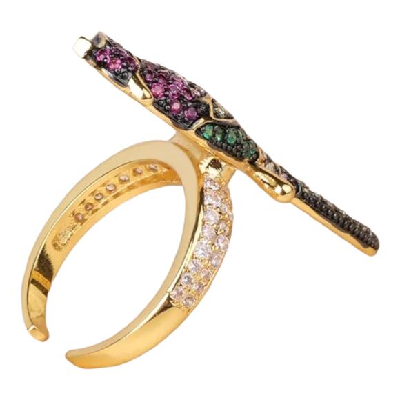 Gold Multi-Color Round Cubic Zirconia Micro-Pavé Set Perched Parrot Ring - Picture 6 of 6